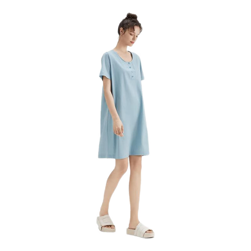 淳度絲光棉睡裙女夏純棉短袖性感U領(lǐng)睡衣家居裙 復古藍 M