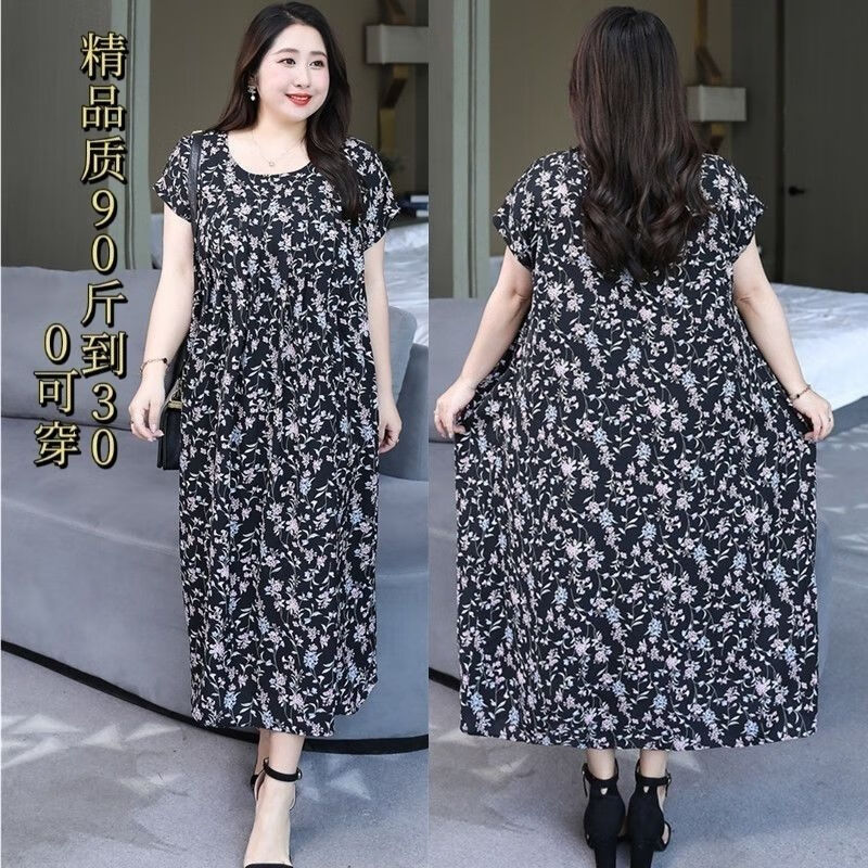 90-300斤胖女人特大码冰丝碎花连衣裙 黑色 高品质款式偏大m90一120