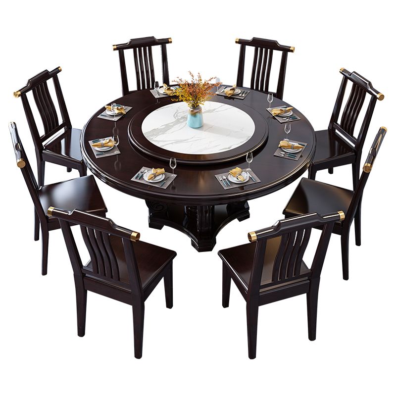 臻玲 餐桌新中式实木餐桌椅组合酒店饭店大圆桌带岩板转盘家用大饭桌 1.3米+4椅带转盘