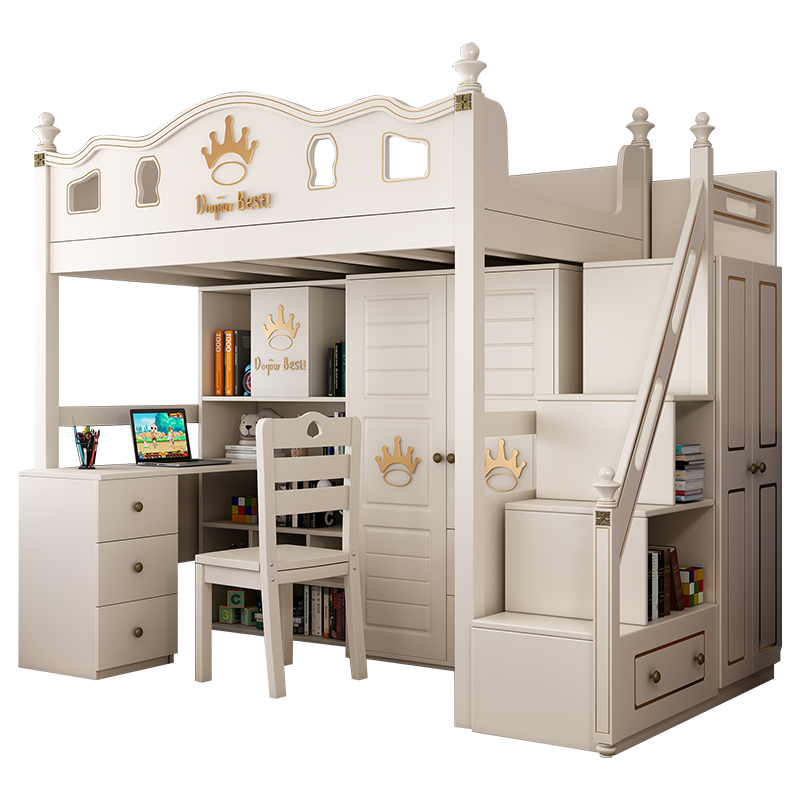 拓尔维纳 上床下桌上下铺木床儿童床滑梯青少年男孩女孩床带书桌衣柜一体多功能组合床网红1.2白色子母床 上床+挂梯 1200mm*1900mm