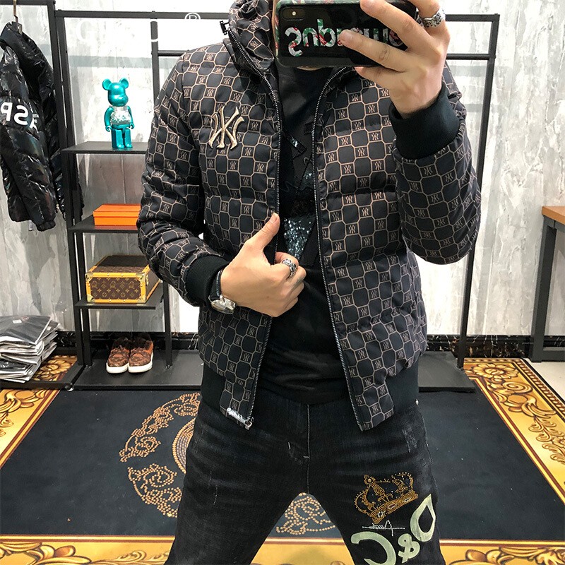 GIOCP香港潮牌连帽格子羽绒服拉链外套冬装男士时尚百搭带帽子衫夹克男 黑色 M
