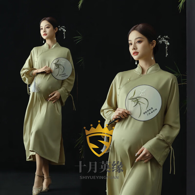 橦舟渡孕婦衣服時(shí)尚孕婦裝影樓主題照唯美小清新抹胸禮服媽大肚拍照攝影 青色 青色旗袍 A 均碼