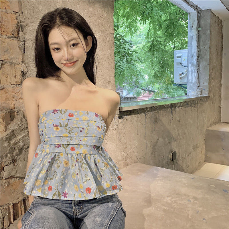 yoekbird纯欲风蓝色碎花蓬蓬吊带背心女夏设计感小众外穿奶甜抹胸上衣
