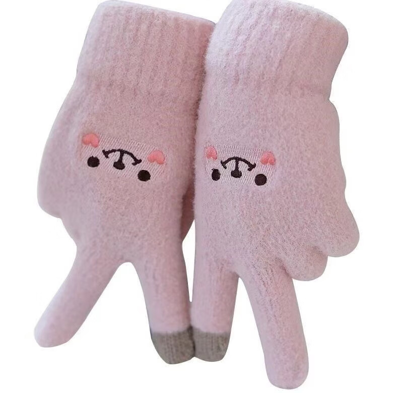 洋臣手套女秋冬季新款加厚保暖可爱学生骑车开车防寒毛线触屏手套 厚款触屏手套2双【颜色随机】