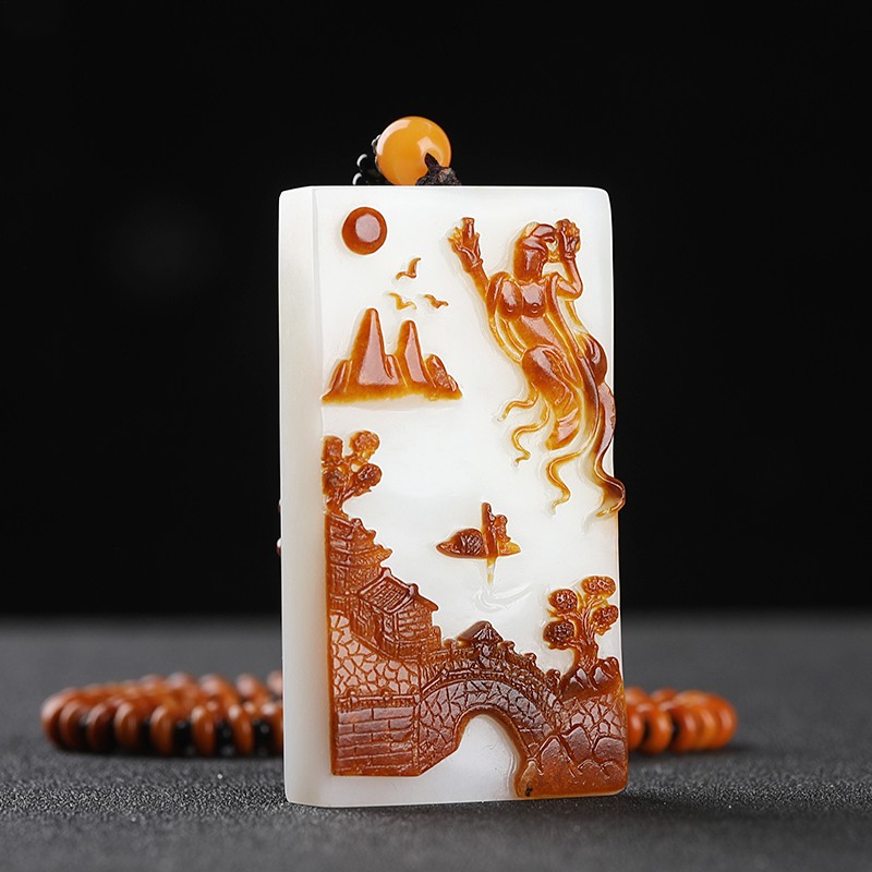 九福润 孤品大师工艺和田玉山水牌吊坠男飞天玉坠女锦绣山水玉牌玉佩