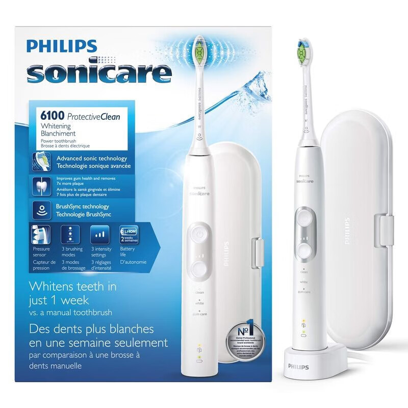 飞利浦(PHILIPS)Sonicare HX6877/21 6100系列声波电动牙刷 3种模式 3种强度 白银色