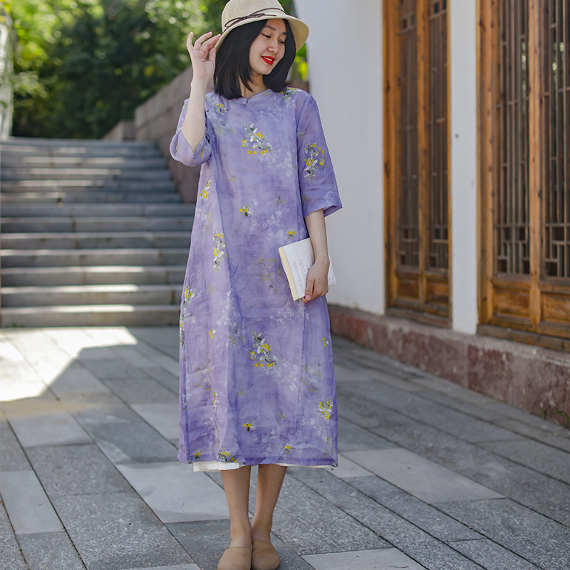 乱在江南民族风苎麻印花连衣裙夏季新品气质淡雅舒适棉麻中长裙 紫色