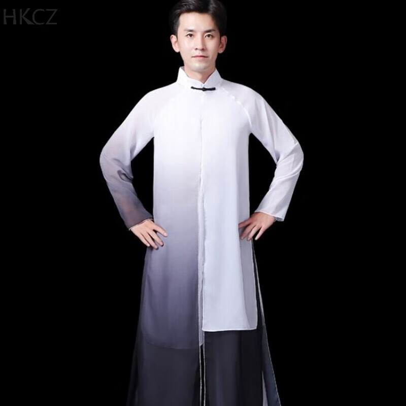 服装男中国风书简舞现代水墨古风纱衣文艺表演服套装 水墨色 渐变 m