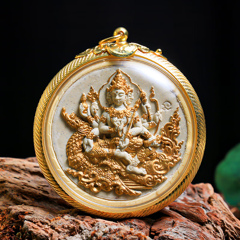 富贵妃(fgifi)泰国佛牌龙婆哇查拉象神描金象牌四面佛二合一镀金项链