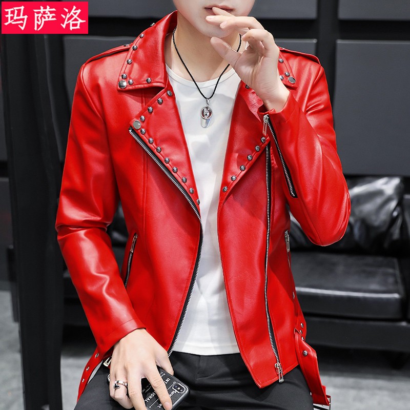 玛萨洛皮衣男士个性潮流帅气2021新款铆钉pu皮夹克春秋季修身机车服