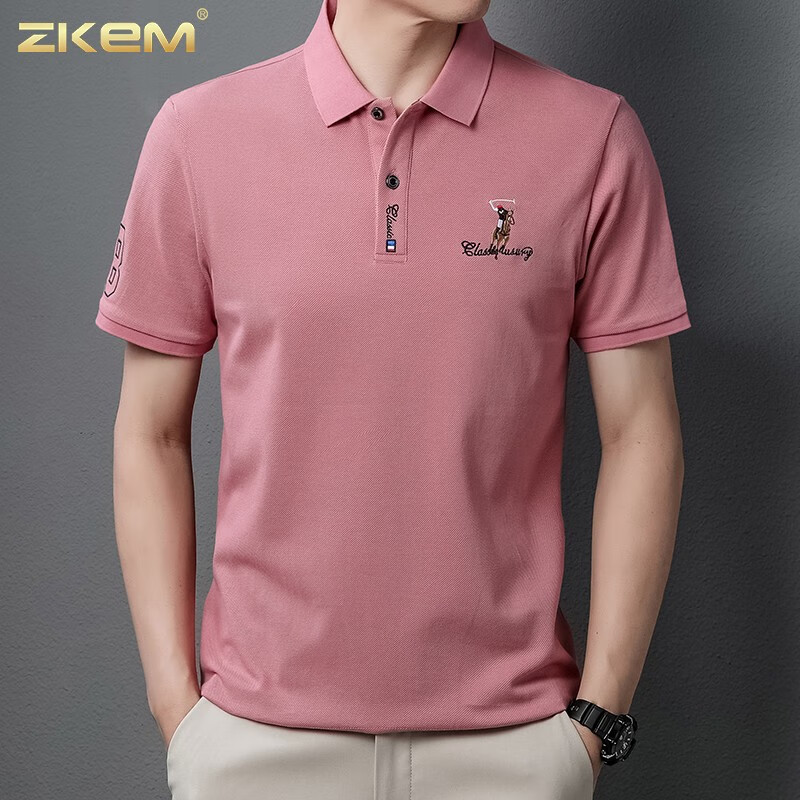 ZKEM奢侈高端品牌商务休闲衫短袖t恤男士衣服纯棉男装polo领保罗衫 粉色 M（160-170CM 100-125斤）