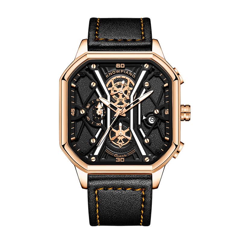 森匠男士商务手表学生感轻奢小众新款镂空防水男士大表盘方形 玫壳