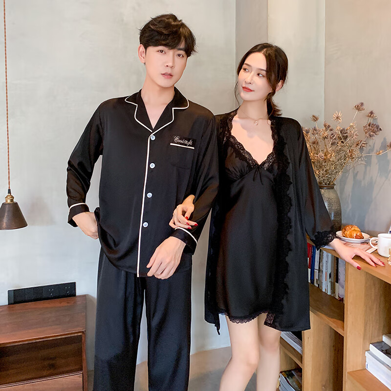 萧淑妃两套价情侣睡衣春秋季开衫仿真丝家居服性感冰丝绸带胸垫吊带睡裙 215-典雅黑 女生M码+男生XL码