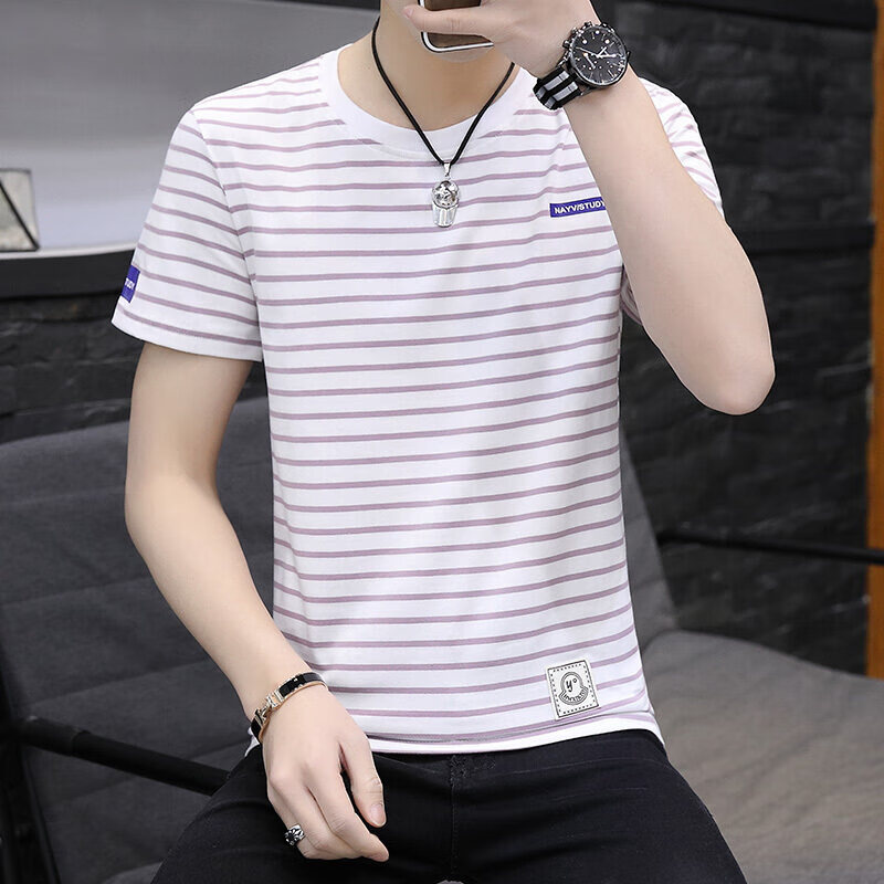 男士圆领棉条纹短袖T恤夏季新款韩版修身时尚休闲男装 浅紫色 3XL