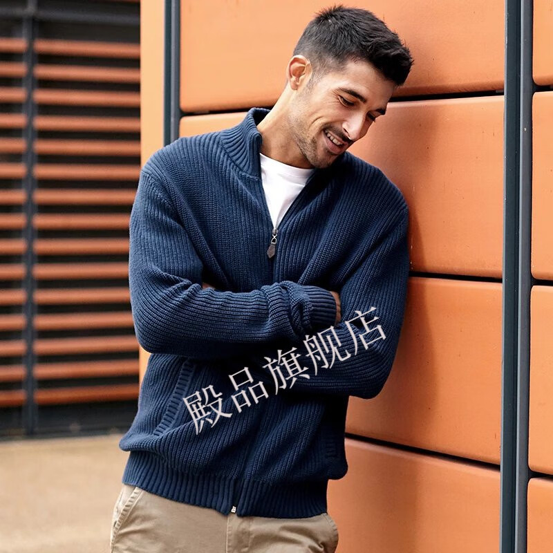 殿品 2022新款博衍秋冬男士半高领开衫毛衣拉链针织衫外套 宝蓝 m