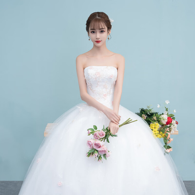 百丽驼美士（BALITOMMS）婚纱礼服新款抹胸韩式齐地修身蓬蓬裙新娘结婚纱 白色 S