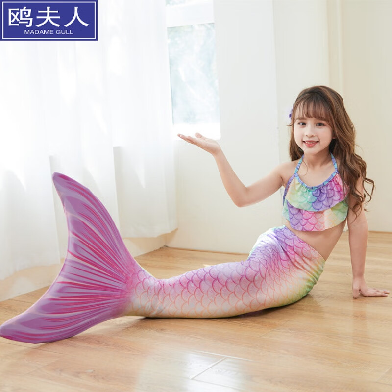 温听儿童泳衣女美人鱼泳衣演出泳装三件套鱼尾巴大中小女童 炫彩(上衣