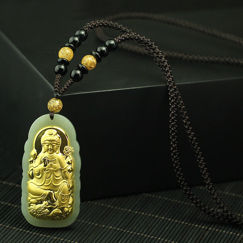 君吻【生日礼物】观音玉坠男黄金镶嵌和田玉金镶玉吊坠男士 观音 线