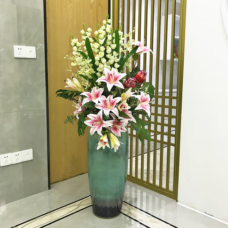 甜奈 景德鎮(zhèn)陶瓷器新中式陶瓷大花瓶落地仿真插花客廳新中式現(xiàn)代輕奢歐式裝飾擺件景德鎮(zhèn)家居擺件 翡翠綠70CM+13款花