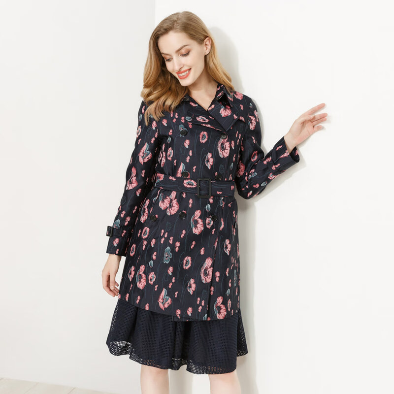 meiermei玫而美风衣女中长款系带收腰修身长袖双排扣时尚印花春秋中年