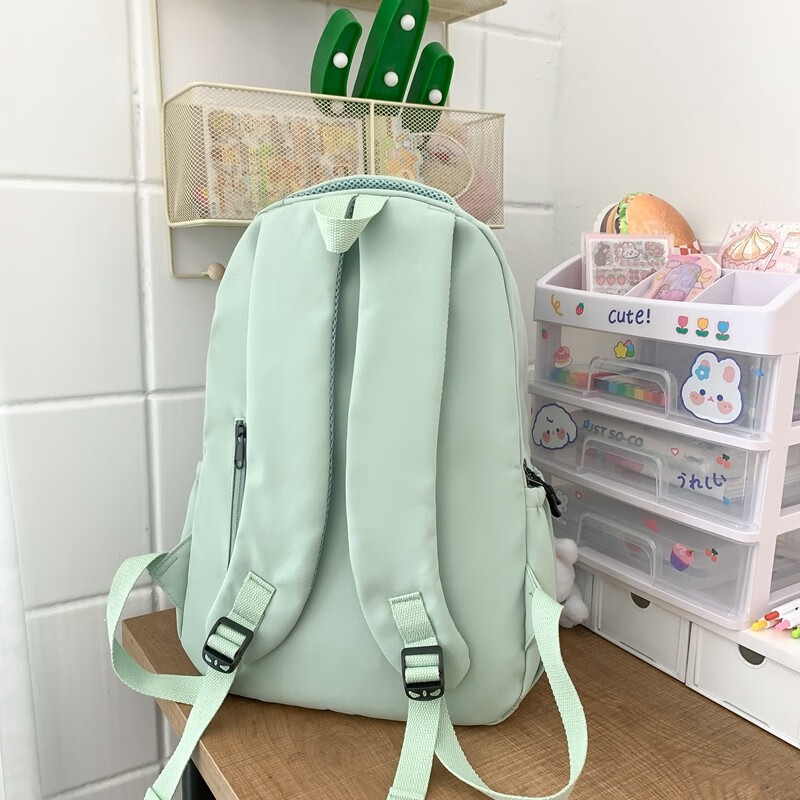 辰叙双肩包女2024新款背包大容量韩版简约纯色女生初中学生高中书包 黑色【小熊挂件】