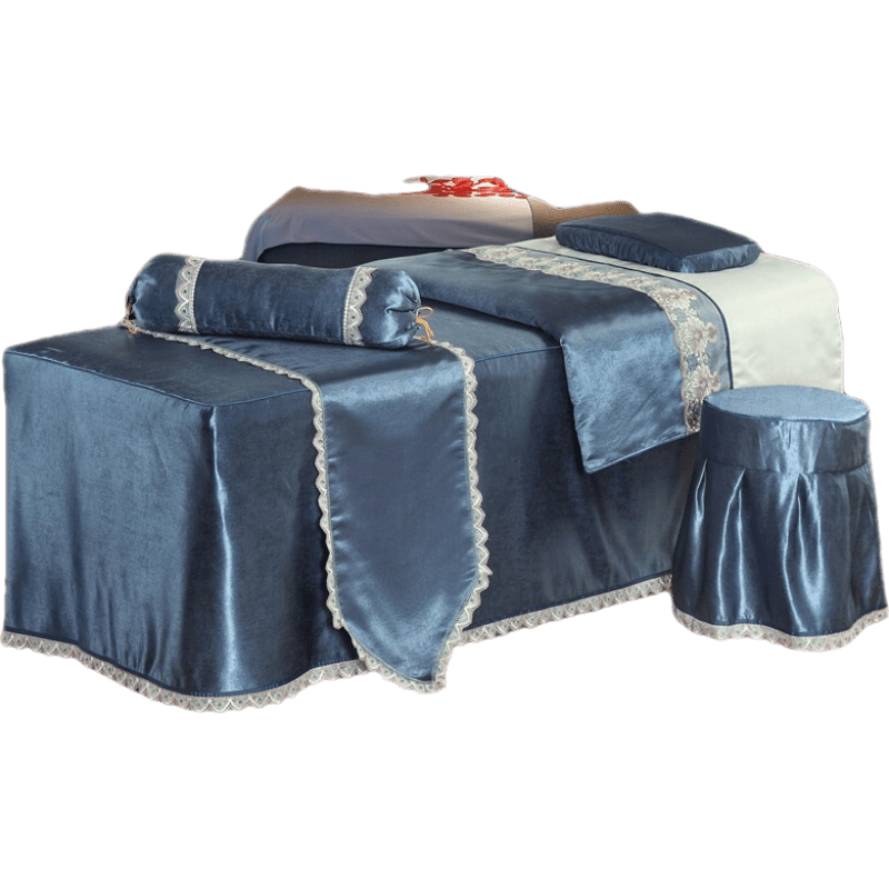 美容床罩四件套欧式小按摩床床罩套简约美容院专用北欧风阿宝 深蓝色 竹棉花边款 190*70方头四件套+被芯