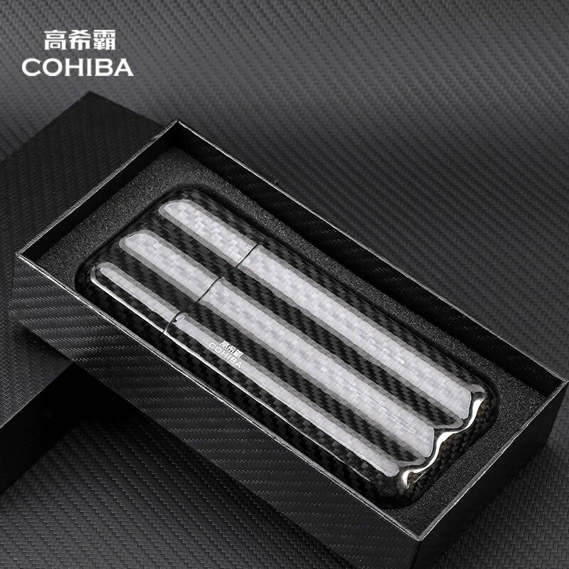 高希霸（cohiba）雪茄盒煙盒保濕盒包便捷式雪茄管 雪茄用品 碳纖維貼合保濕 炭皇雪茄便捷套管（黑色三管）