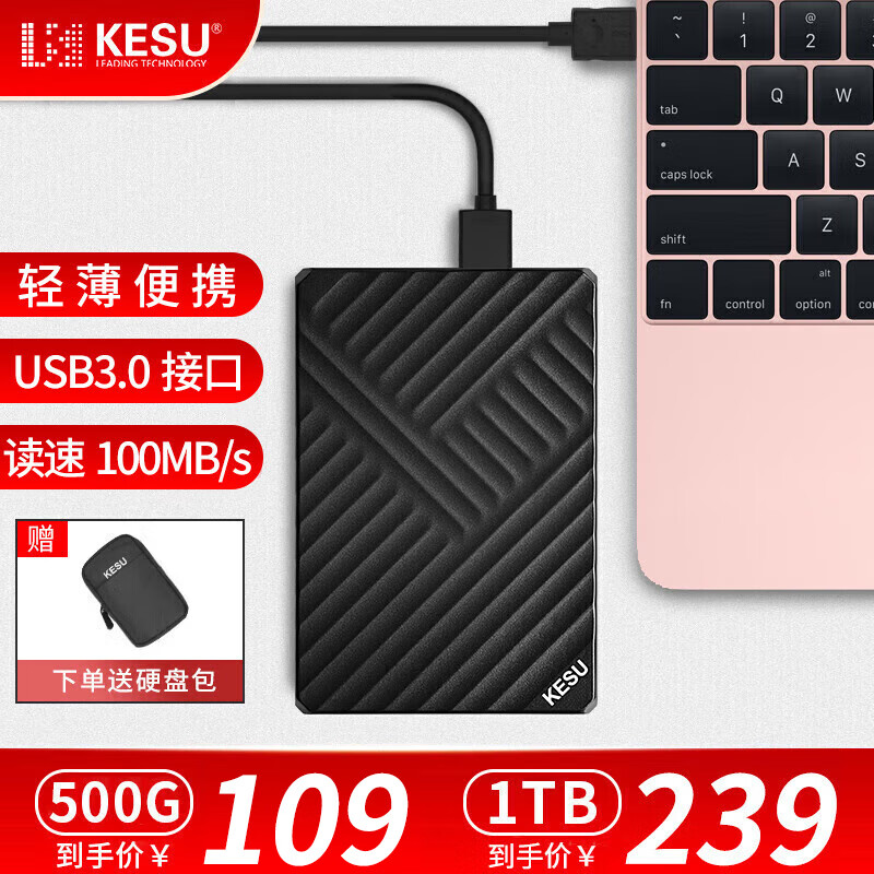 科硕（KESU）移动硬盘USB3.0安全加密高速存储 500G+硬盘包 K205-魅力黑