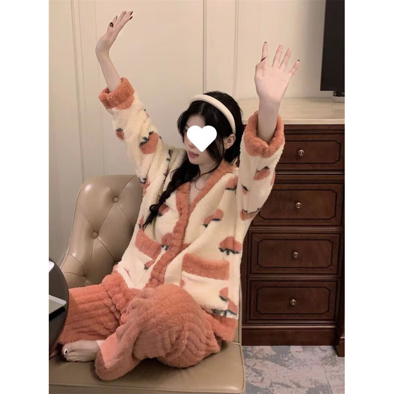 有只绵珊瑚绒家居服套装女居家仙女暖暖睡衣加绒加厚舒适保暖居家两件套 乌龙桃 均码 【适合80-140斤】