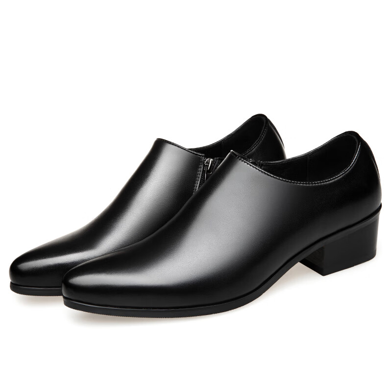 登歧男士正装韩版高跟皮鞋男人穿的真牛皮春季英伦商务休闲鞋拉链尖头