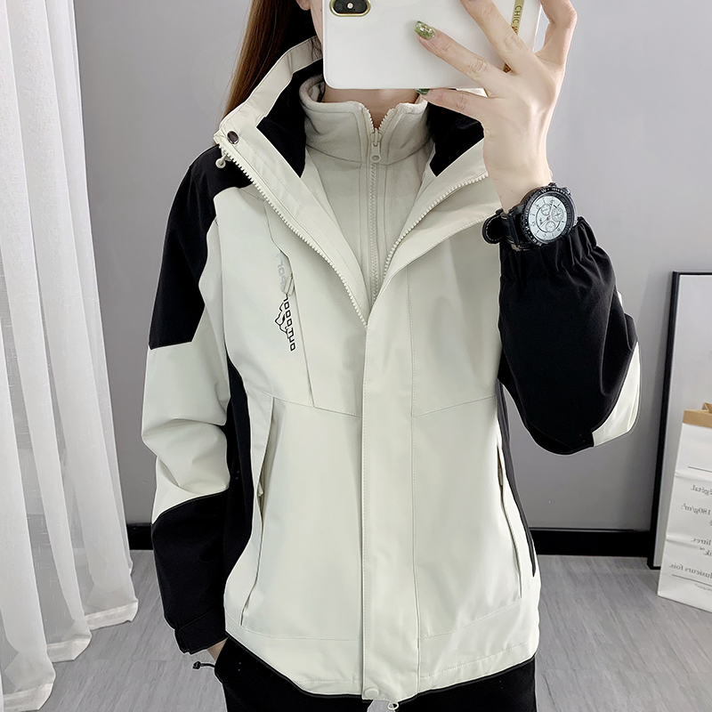 泰起冬季冲锋衣三合一外套春秋潮牌可拆卸防风户外旅游登山服团购订制LOGO幼儿园园服工作服 卡其色-1818(三合一)女 M