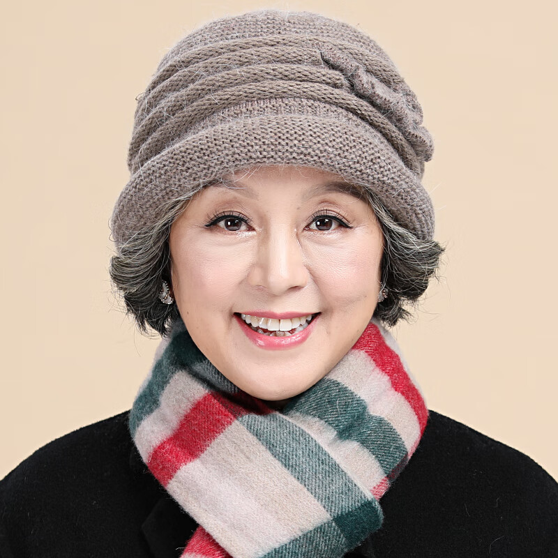 木子彤新品中老年人帽子女士奶奶老人老妈妈冬季加绒保暖毛线兔毛针织