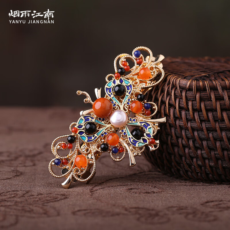 烟雨江南原创设计古风森系后脑勺一字夹马尾复古头饰精致小众发卡 图