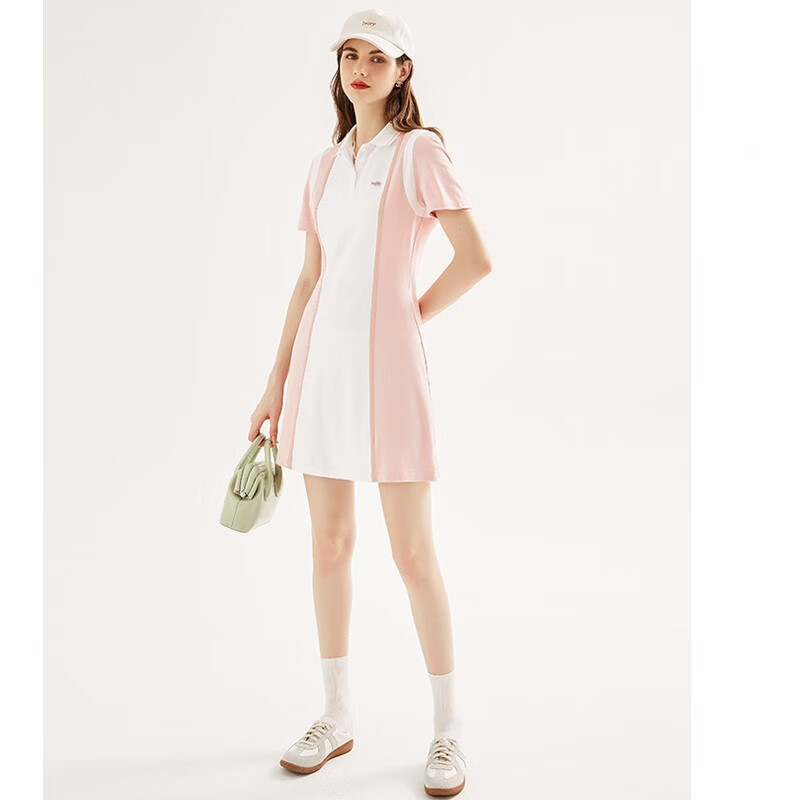 fhsf粉色polo领连衣裙女夏季薄裙子学院风修身收腰显瘦运动裙 粉白色
