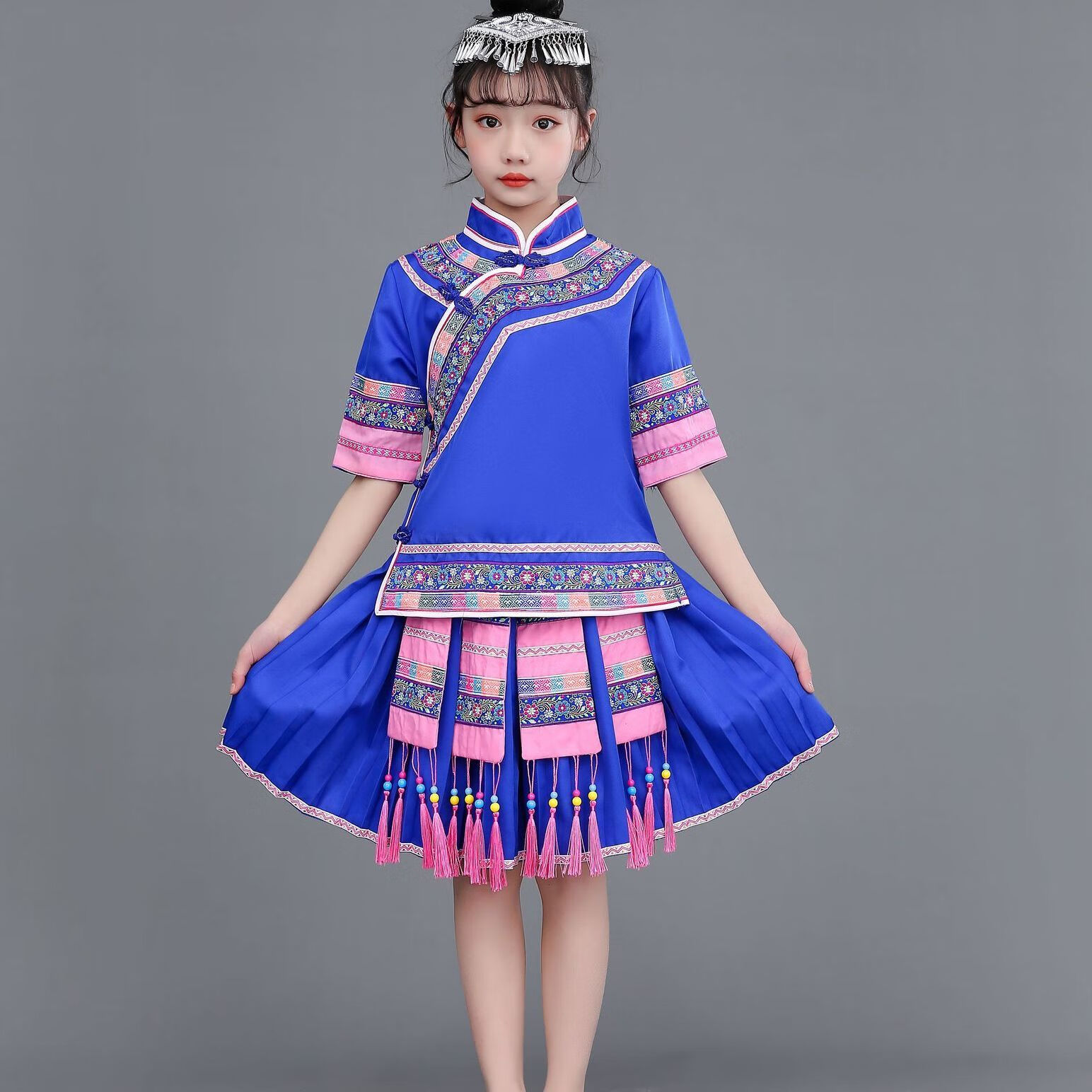 民族全套演出服饰民族风演出服新款苗族广西壮族舞 蓝色款 送桃心头饰