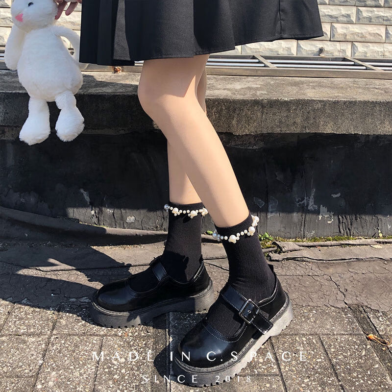 中筒袜jk袜子玛丽珍花边夏季薄款可爱日系女袜萝莉袜 2双珍珠款黑色