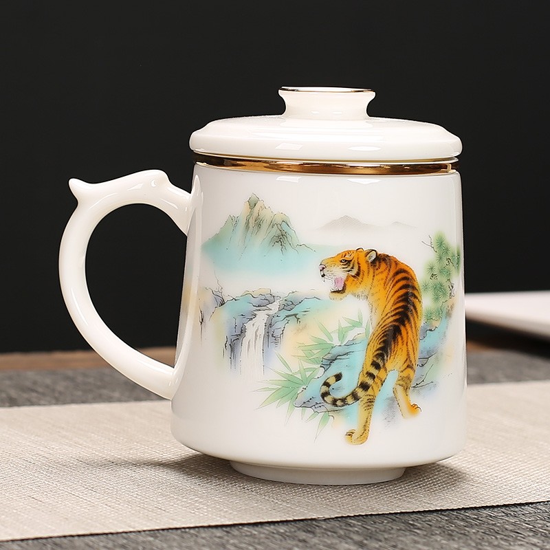 喝水杯男女生办公室茶水分离大容量茶杯 羊脂玉办公杯【猛虎归山】