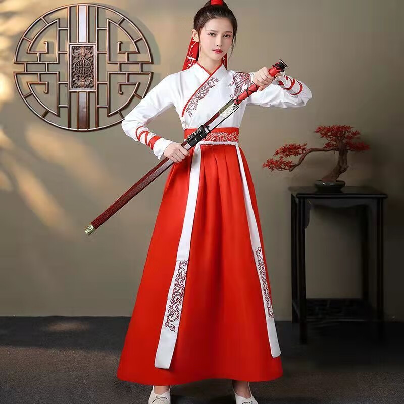 摩时袋女侠风古装汉服女款夏季侠女风女武侠古风长裙 白上衣红裙(男女