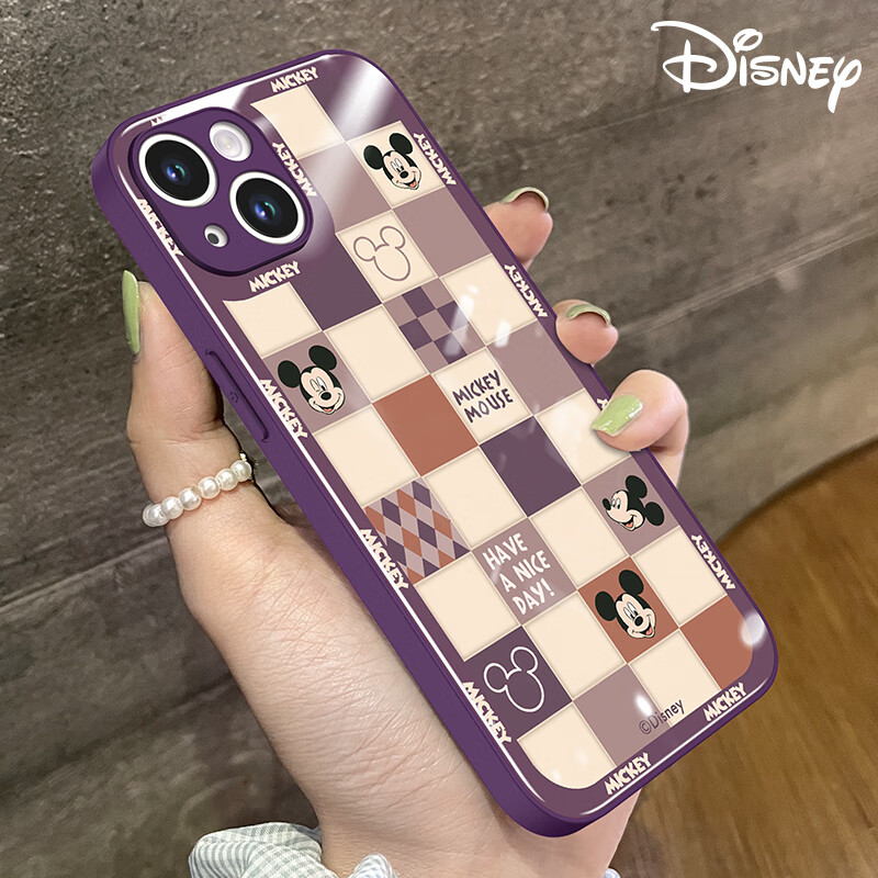 锋浦（FEENGGUU）夏天Disney迪士尼正版苹果14手机壳iPhone13紫色液态玻璃12全包1女卡通可爱网红新款 紫边紫格子米奇头 iPhone 14