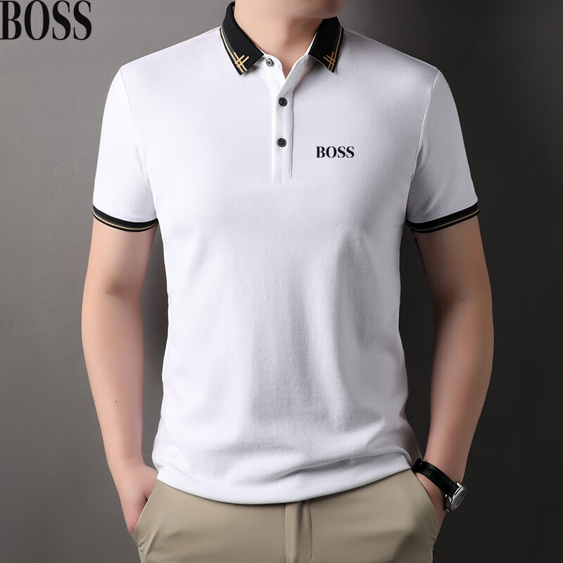 boss男装短袖polo衫纯,棉翻领t恤轻奢纯色男士商务休闲上衣夏 白色