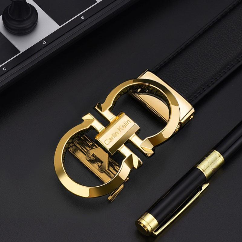 POACY男士皮带 豹子真牛皮腰带男 时尚商务情人节 情人节裤带男款 百搭 小ck金色扣 115cm 【33-35裤码】