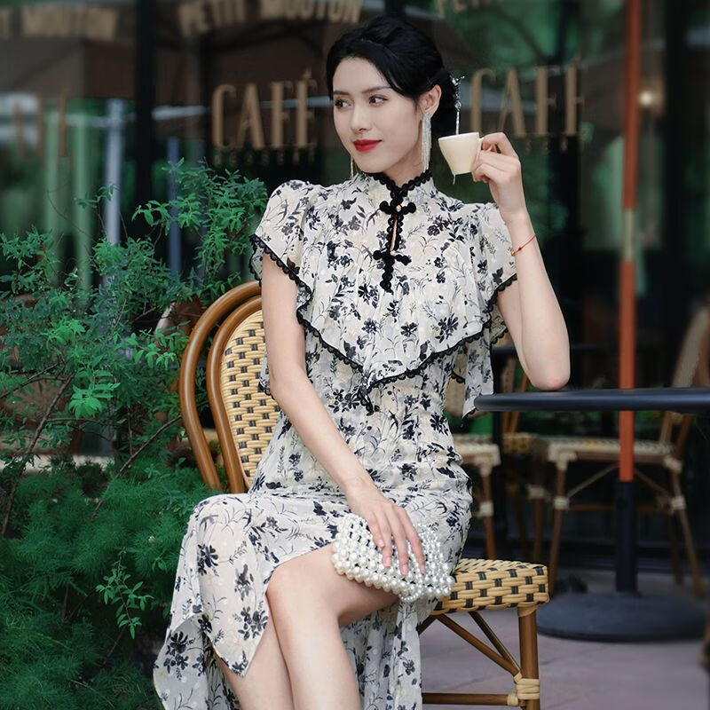 四美子改良新中式旗袍女装【半生烟雨】2023新款国风两件套吊带连衣裙