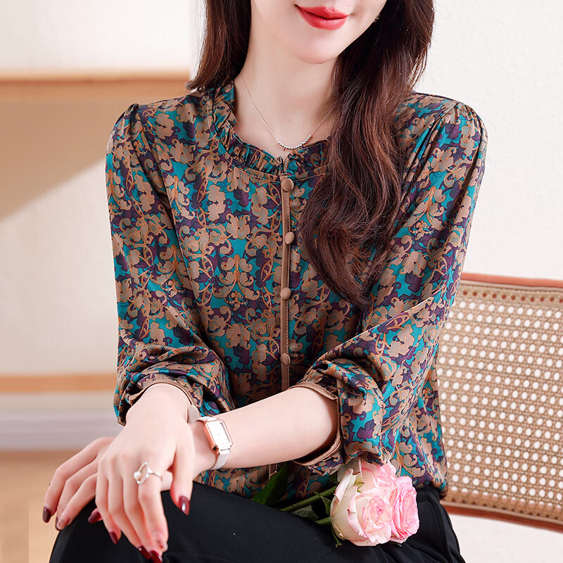 价】长袖碎花真丝衬衫女春季新款洋气气质桑蚕丝上衣减 图片色 3xl