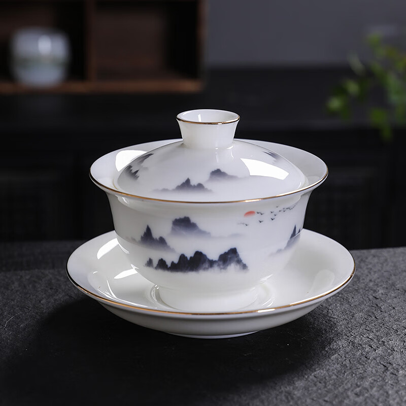 时記羊脂玉盖碗茶杯德化白瓷茶具中号敬泡茶碗陶瓷单个三才碗功夫普洱 远山墨彩（160ml）
