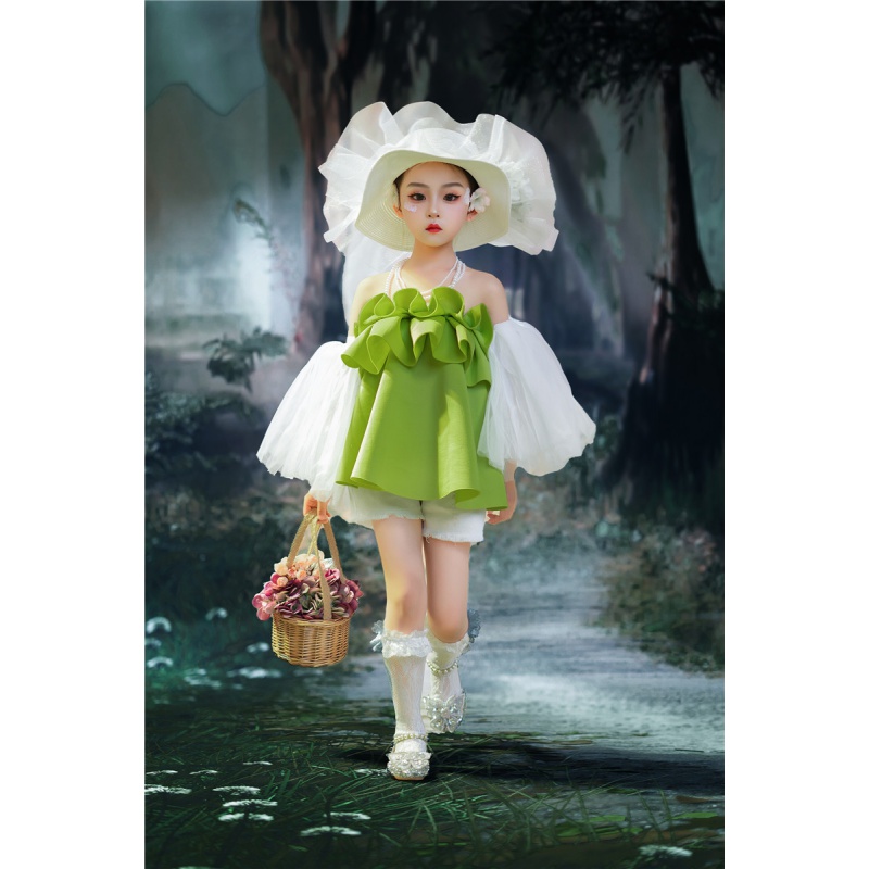 布恋猫儿童走秀潮服女童模特t台时装潮服4-13岁女孩绿色套装田园风甜