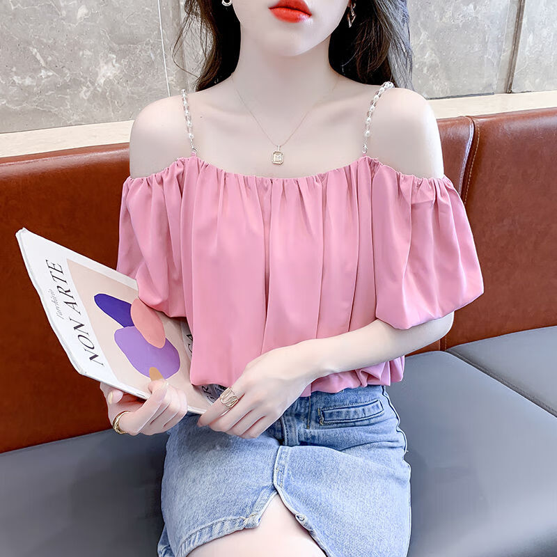 彤瑛一字肩上衣女夏天露肩法式性感吊带衫夏季新款设计感别致短款珍珠
