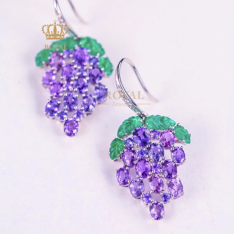 4ct葡萄18k钻石送女朋友老婆节生日礼物 紫色蓝宝石耳环