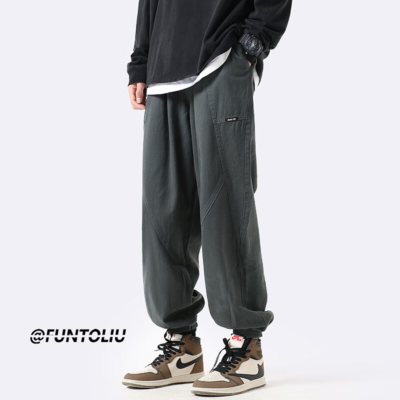 日系复古工装裤子男士拼接束脚裤宽松纯色百搭潮牌运动休闲长裤子
