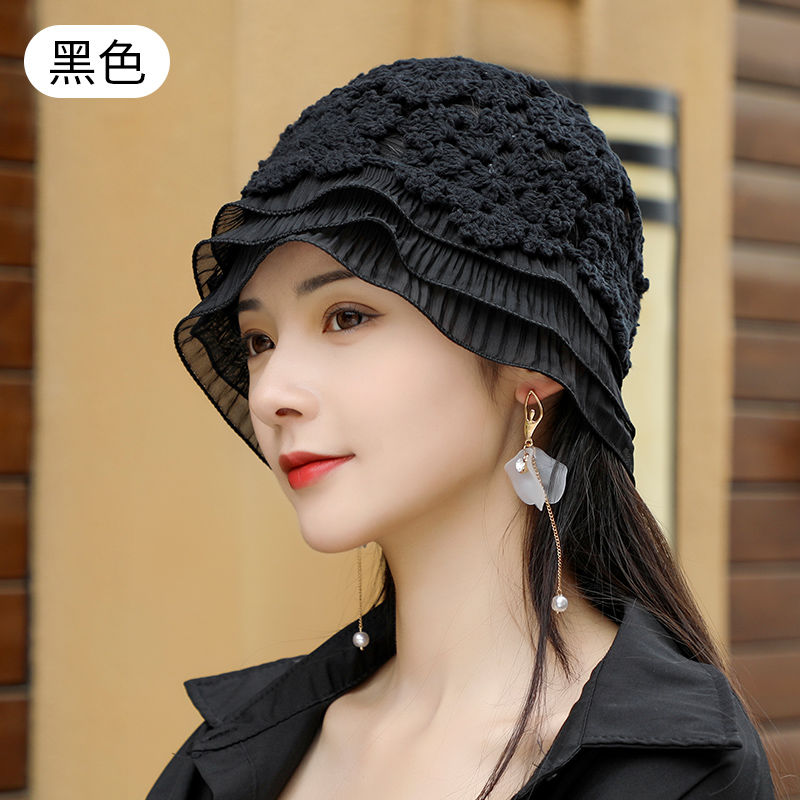 后女帽子帽子女新款遮白发百搭透气手工钩花针织帽镂空花朵包头帽渔夫
