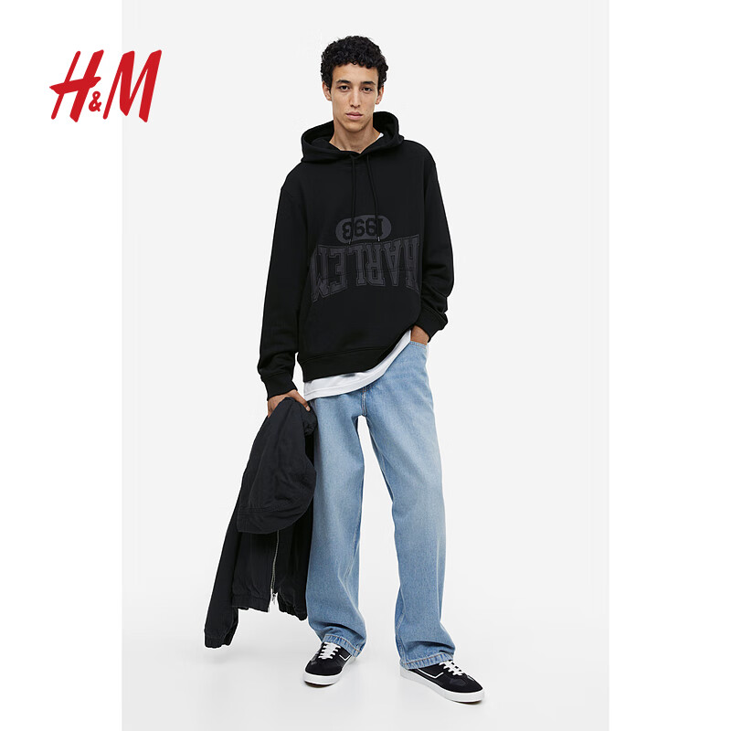 H&M男装卫衣春季新款美式复古长袖连帽衫套头宽松上衣1010387 黑色/Harlem 175/100